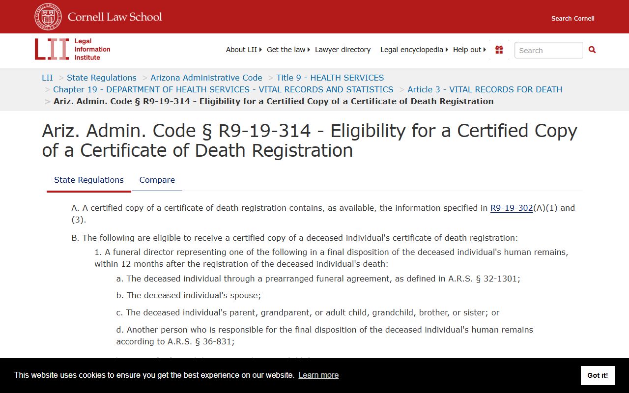 Arizona Administrative Code R9-19-314 listing who can obtain death certificates