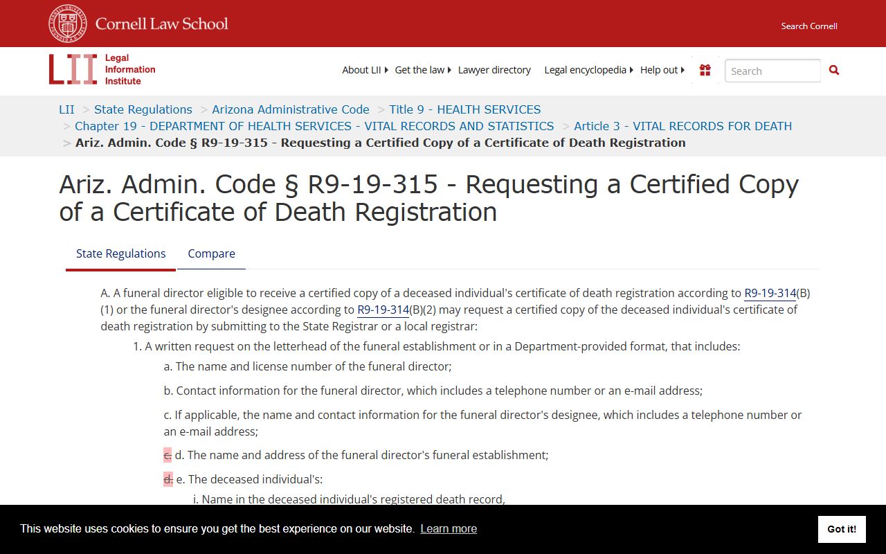 Arizona Administrative Code R9-19-315 detailing how to request certified copies