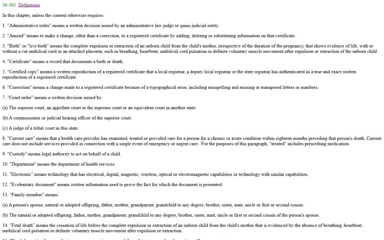 Arizona Revised Statutes Section 36-301 defining vital records terms