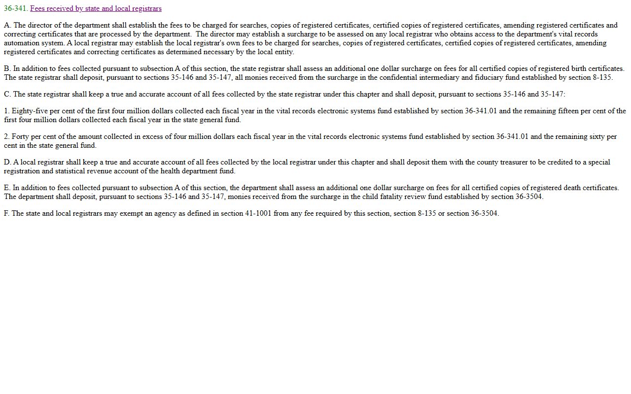 Arizona Revised Statutes Section 36-341 establishing vital records fees