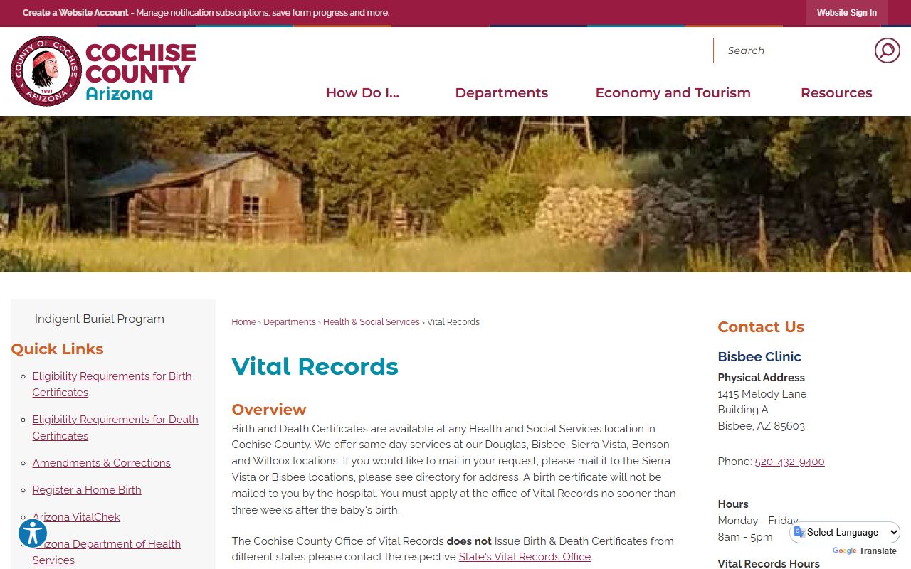Cochise County vital records page showing death certificate services at multiple locations
