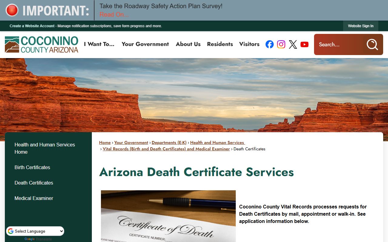 Coconino County death certificates page showing appointment requirements and contact information