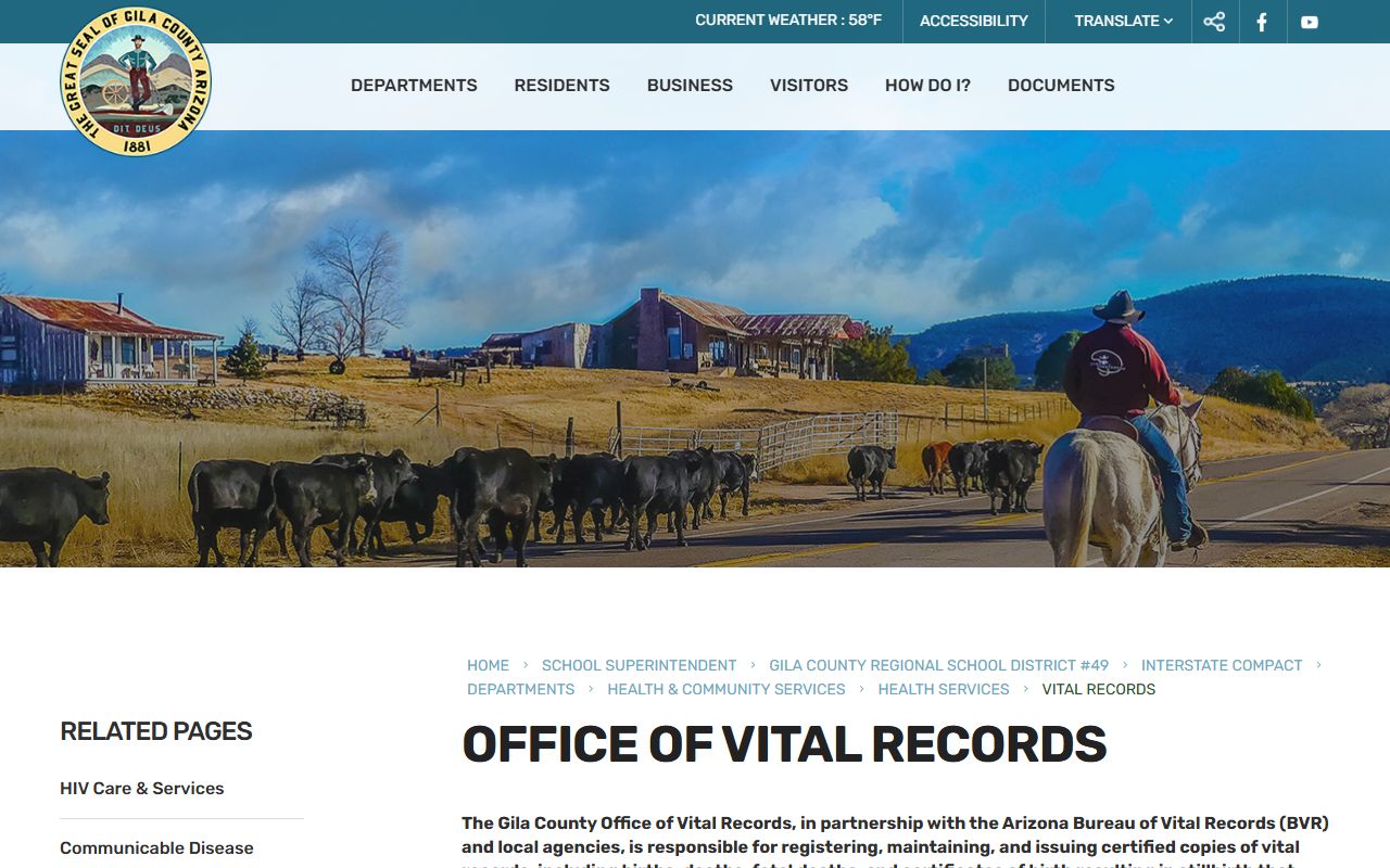 Gila County vital records page showing death certificate services and office information