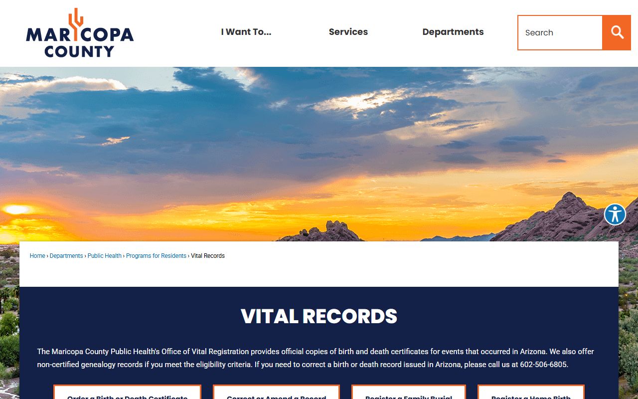 Maricopa County vital records main page showing death certificate services and office locations