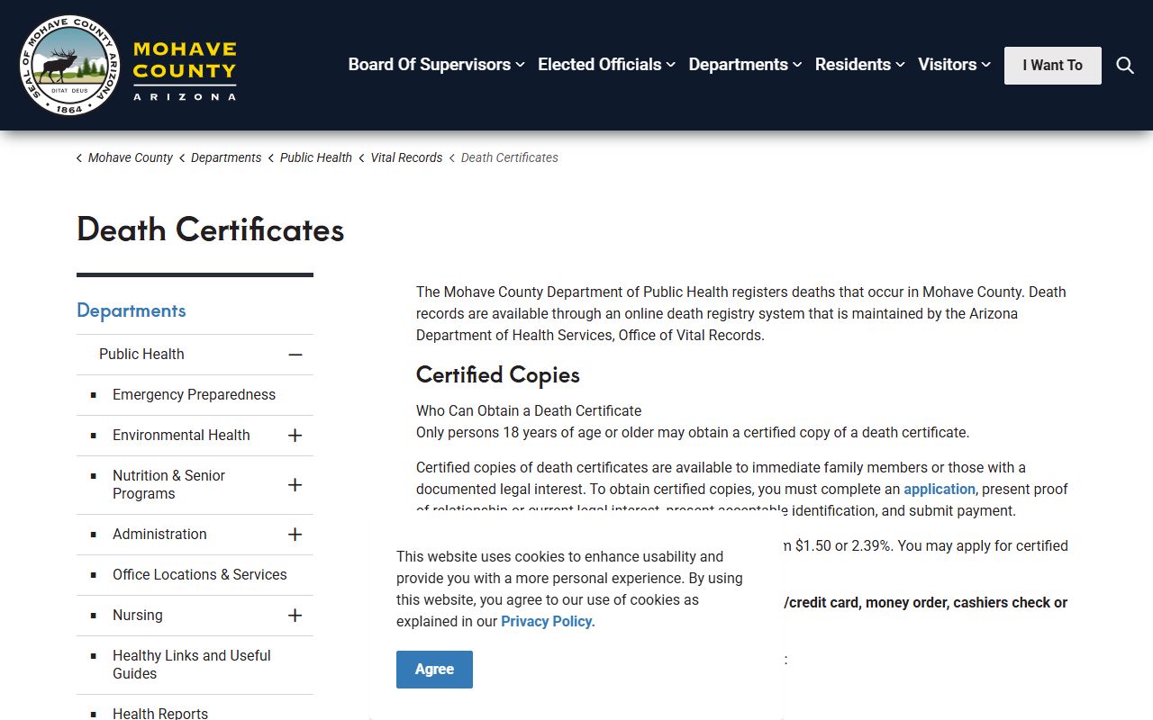 Mohave County death certificates page showing application requirements and fees