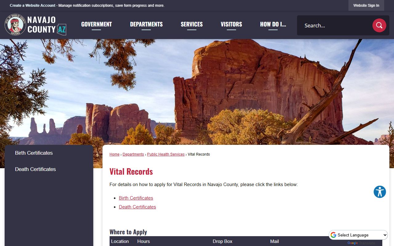 Navajo County vital records main page showing services and contact information
