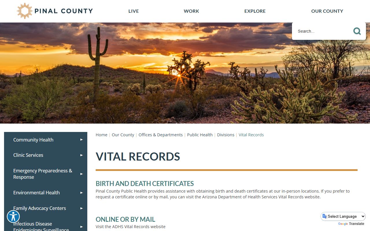 Pinal County vital records main page showing death certificate services at multiple locations