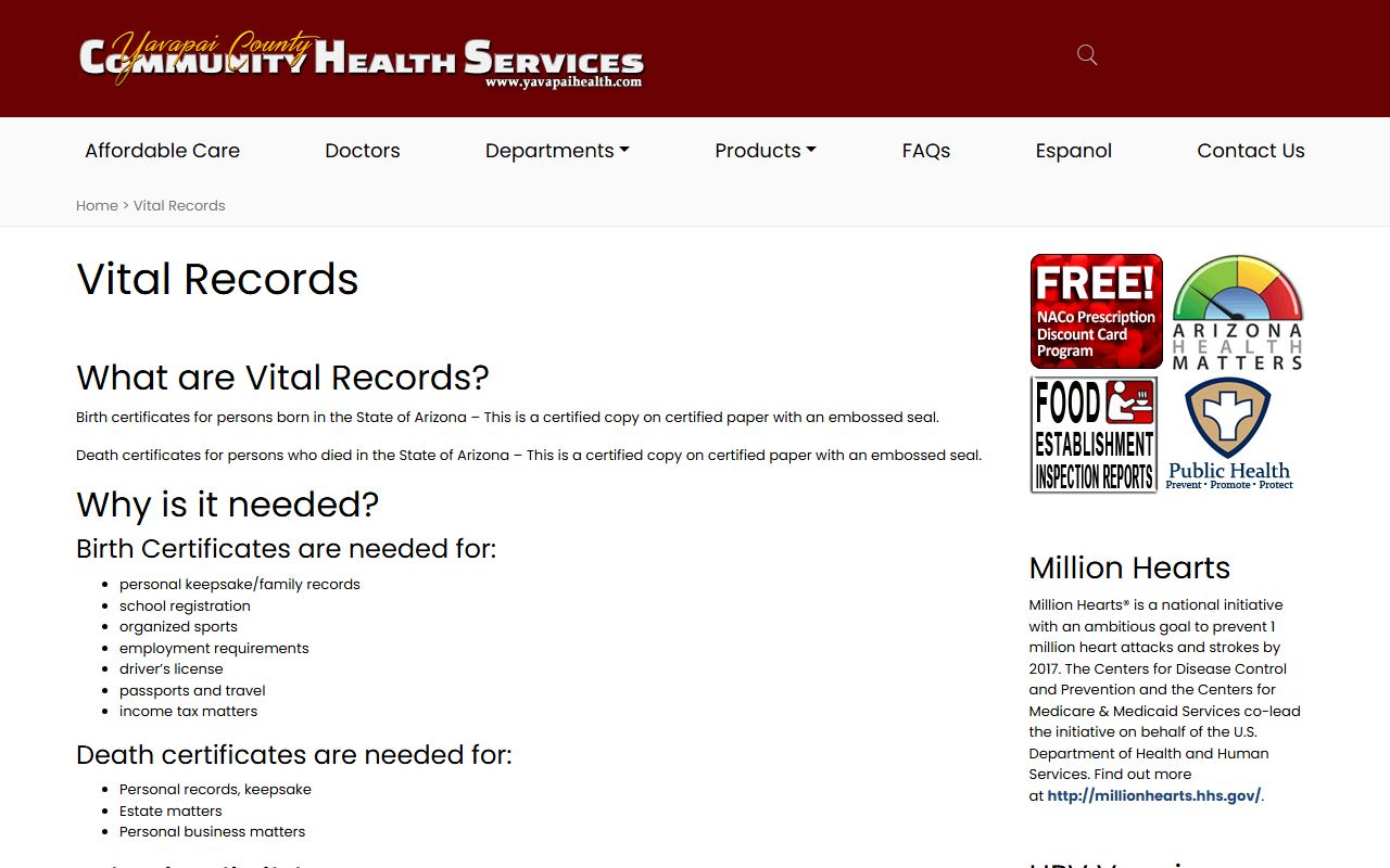 Yavapai County vital records page showing mail-order death certificate services