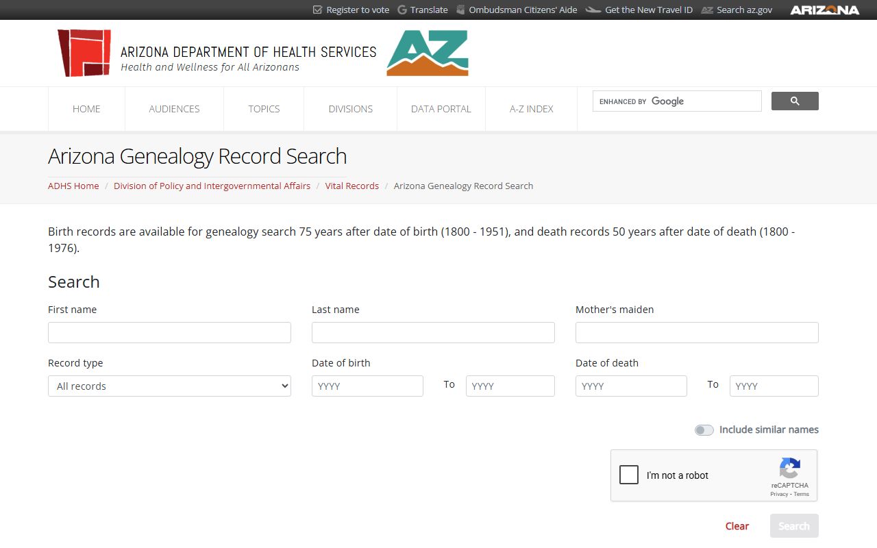 Arizona genealogy database search portal for historical death records