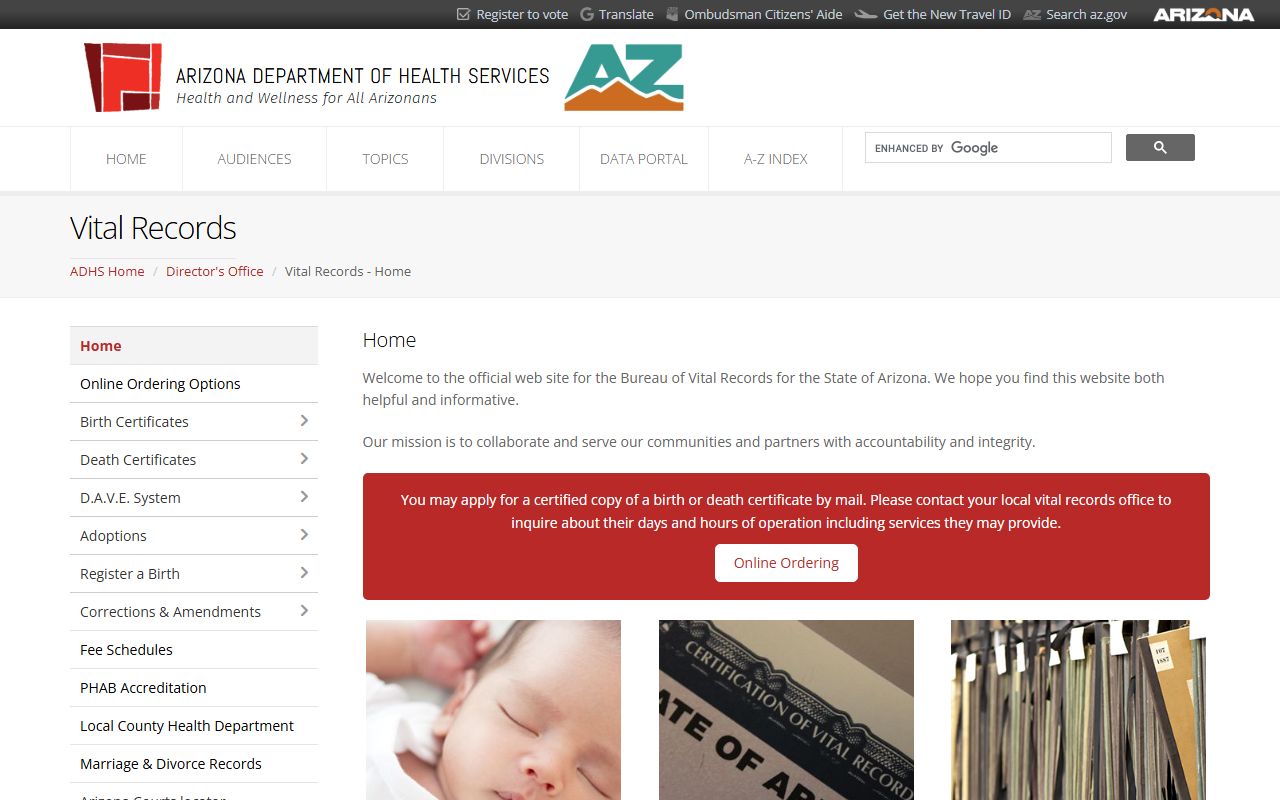 Arizona Bureau of Vital Records main page showing death certificate services